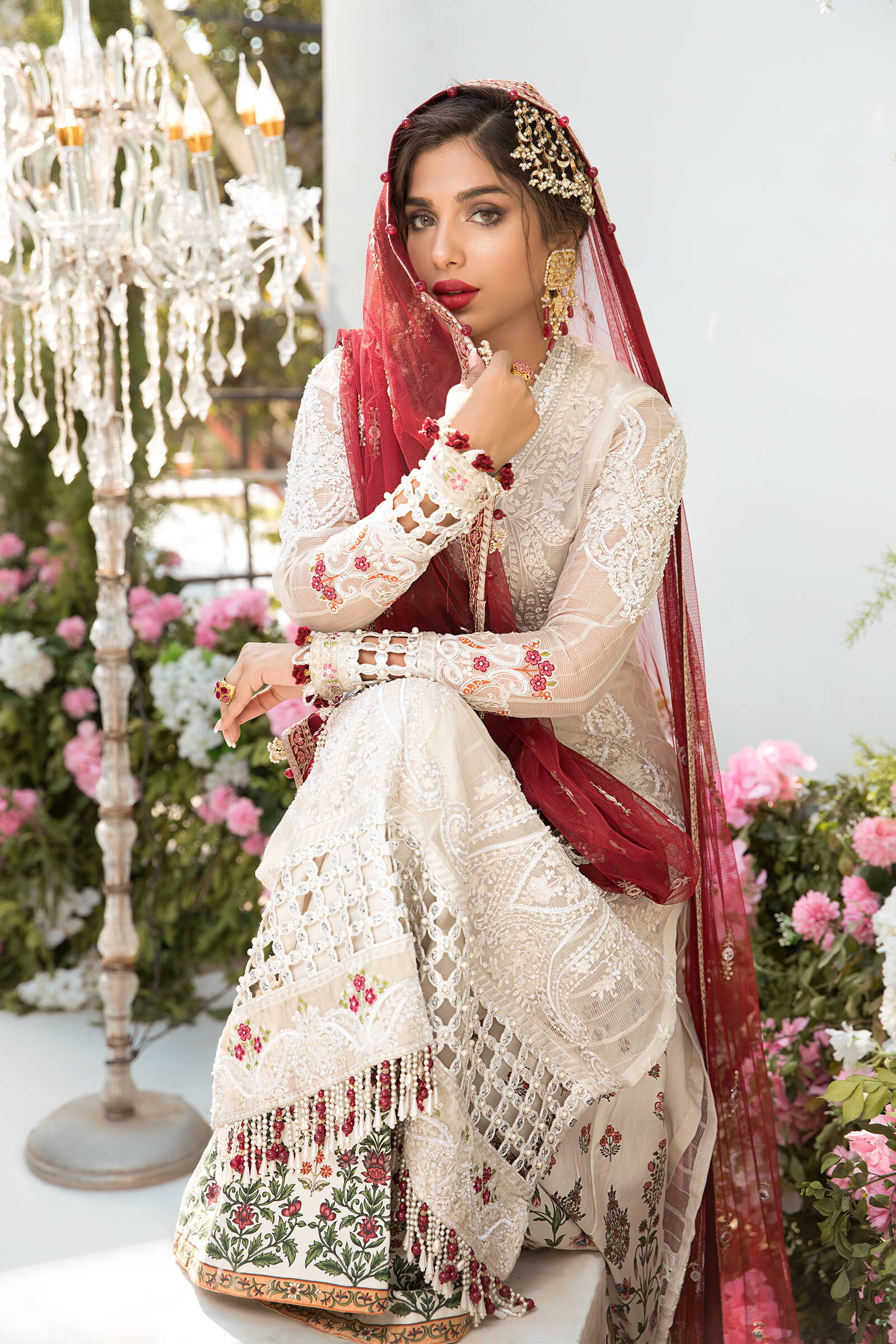 Unstitched MBROIDERED - Off White and Deep Red (BD-2103) - Image 3