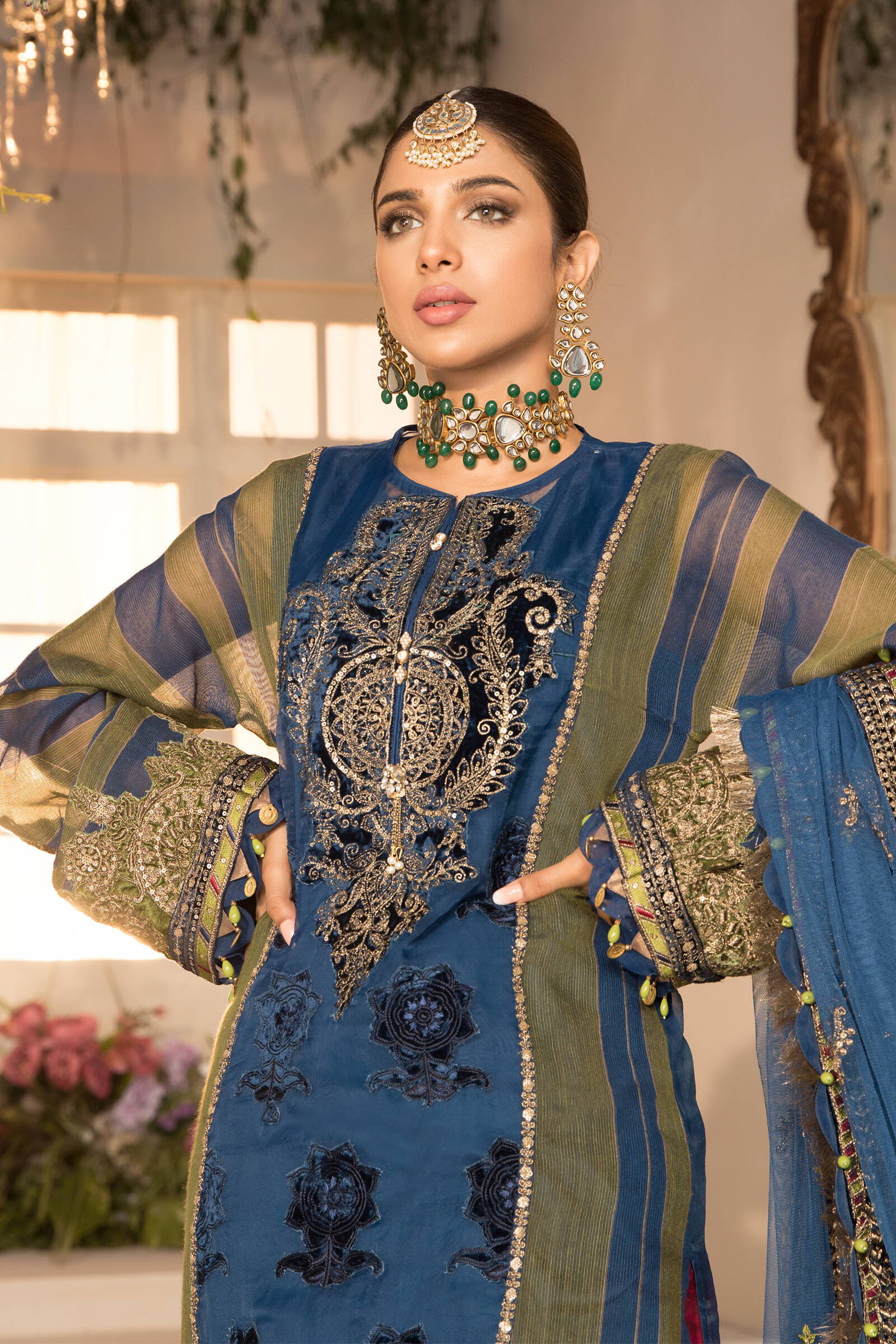 Unstitched MBROIDERED - Blue Olive green with deep Coral Pink (BD-2104) - Image 3