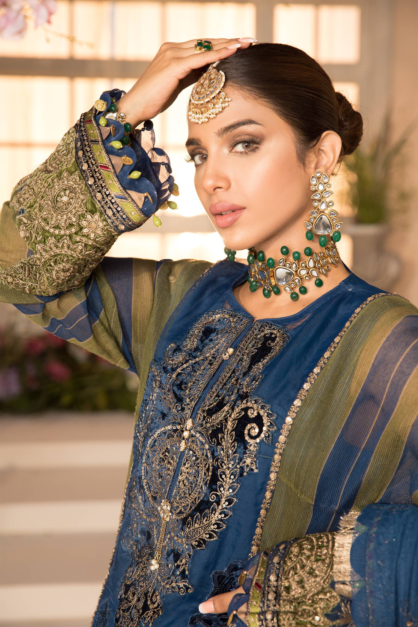 Unstitched MBROIDERED - Blue Olive green with deep Coral Pink (BD-2104) - Image 4