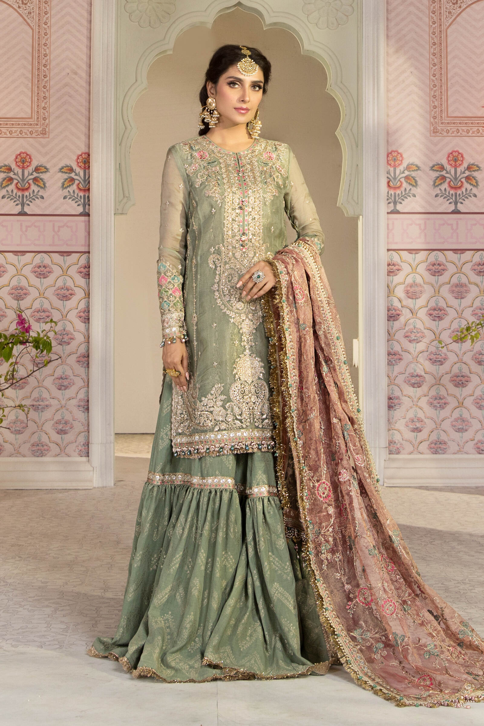 Unstitched MBROIDERED - Pistachio Green and Salmon pink (BD-2205) - Image 2