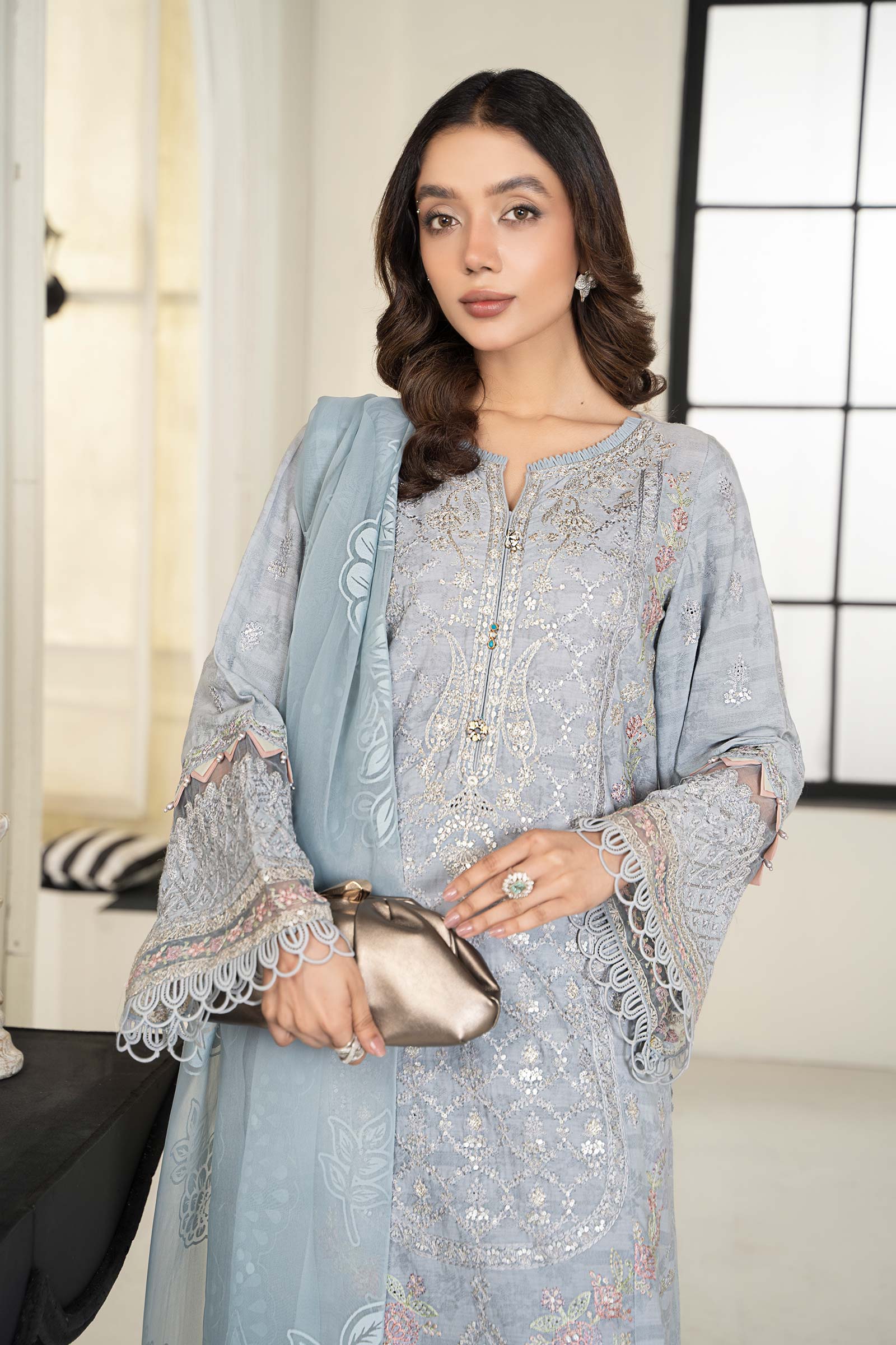 3 Piece Embroidered Self Jacquard Suit - Image 2