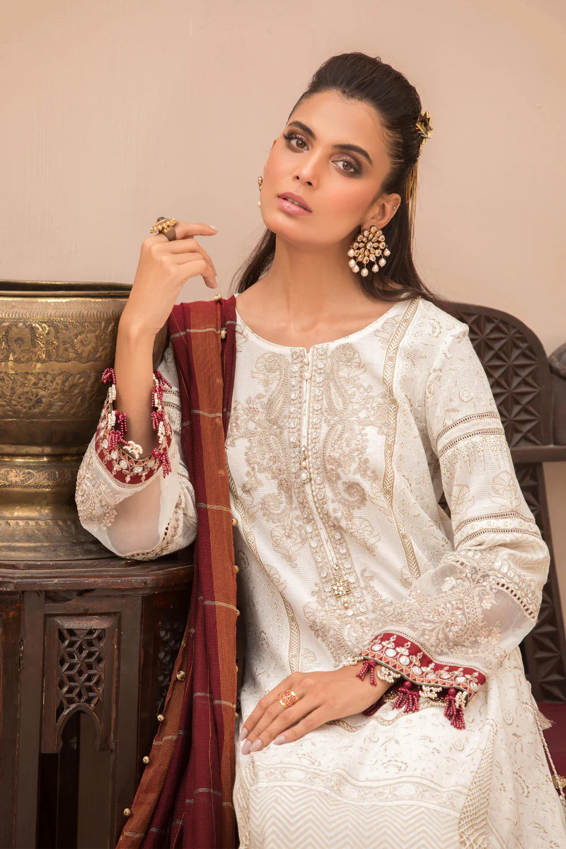 Unstitched Lawn EL-21-01-Ivory White and Maroon - Image 3