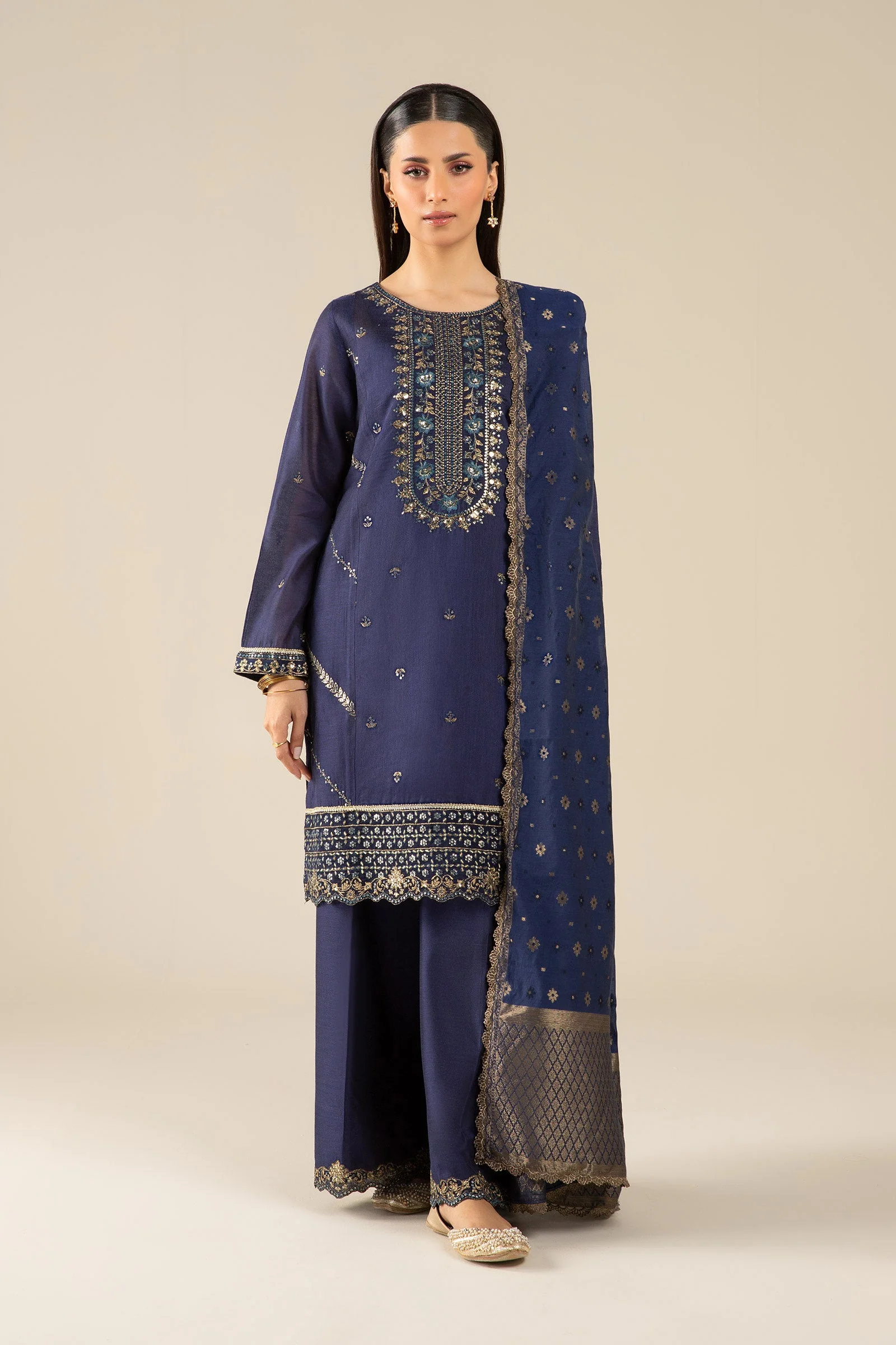 3 Pc Embroidered Two Tone Silk Suit