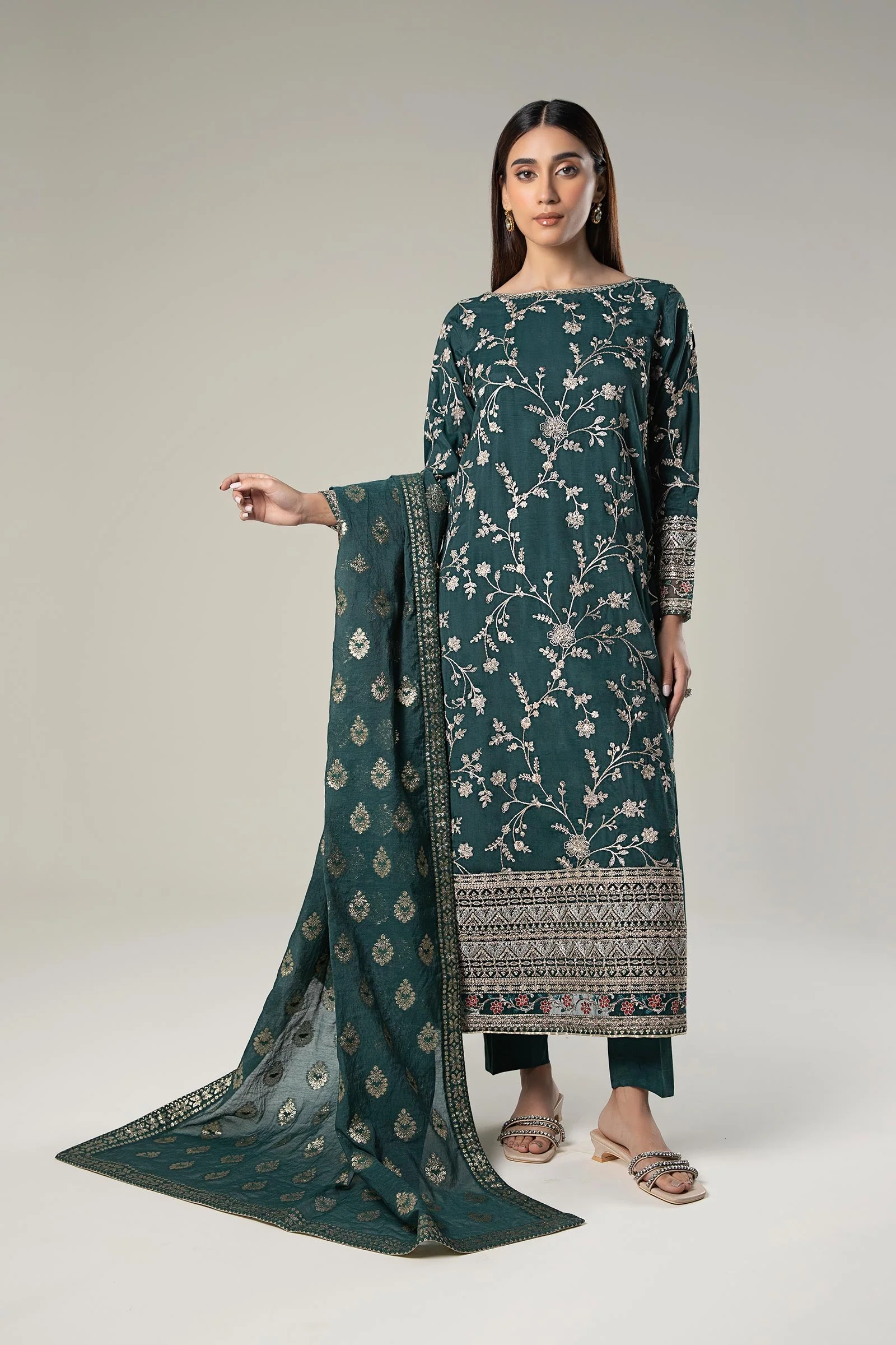 3 Pc Embroidered Raw Silk Suit